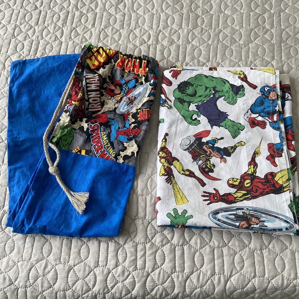 POTTERY BARN KIDS AVENGERS Marvel Comics Twin Size Flat Sheet Laundry Bag Lot
